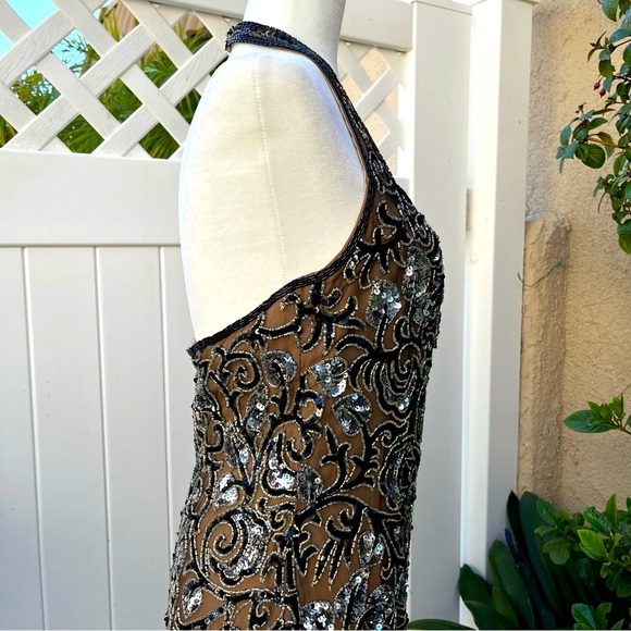 Vintage Oleg Cassini Black Tie Collection Silk Rhinestone Halter Dress Size 10 - Picture 8 of 15